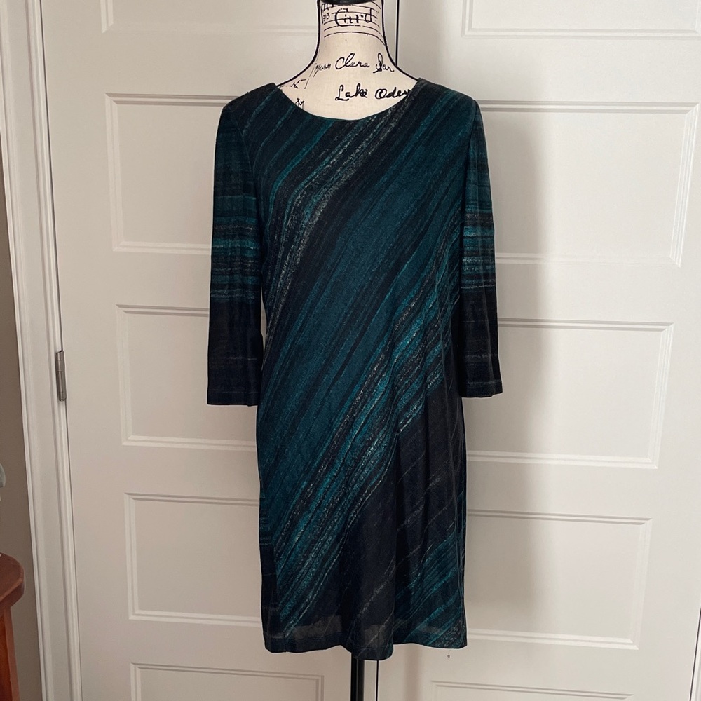 Studio One Teal and Black Long Sleeve Dress, Size 16 Petite